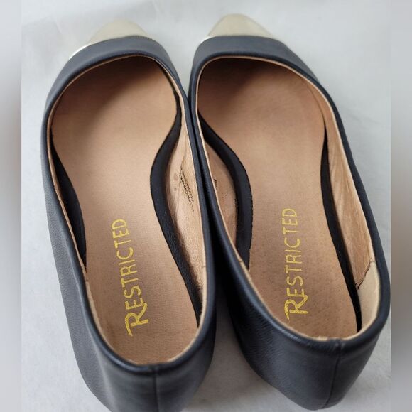 Restricted Leather Ballet Flat Shoes Black Gold Cap Two Tone Formal Slip On 6 - Picture 9 of 10